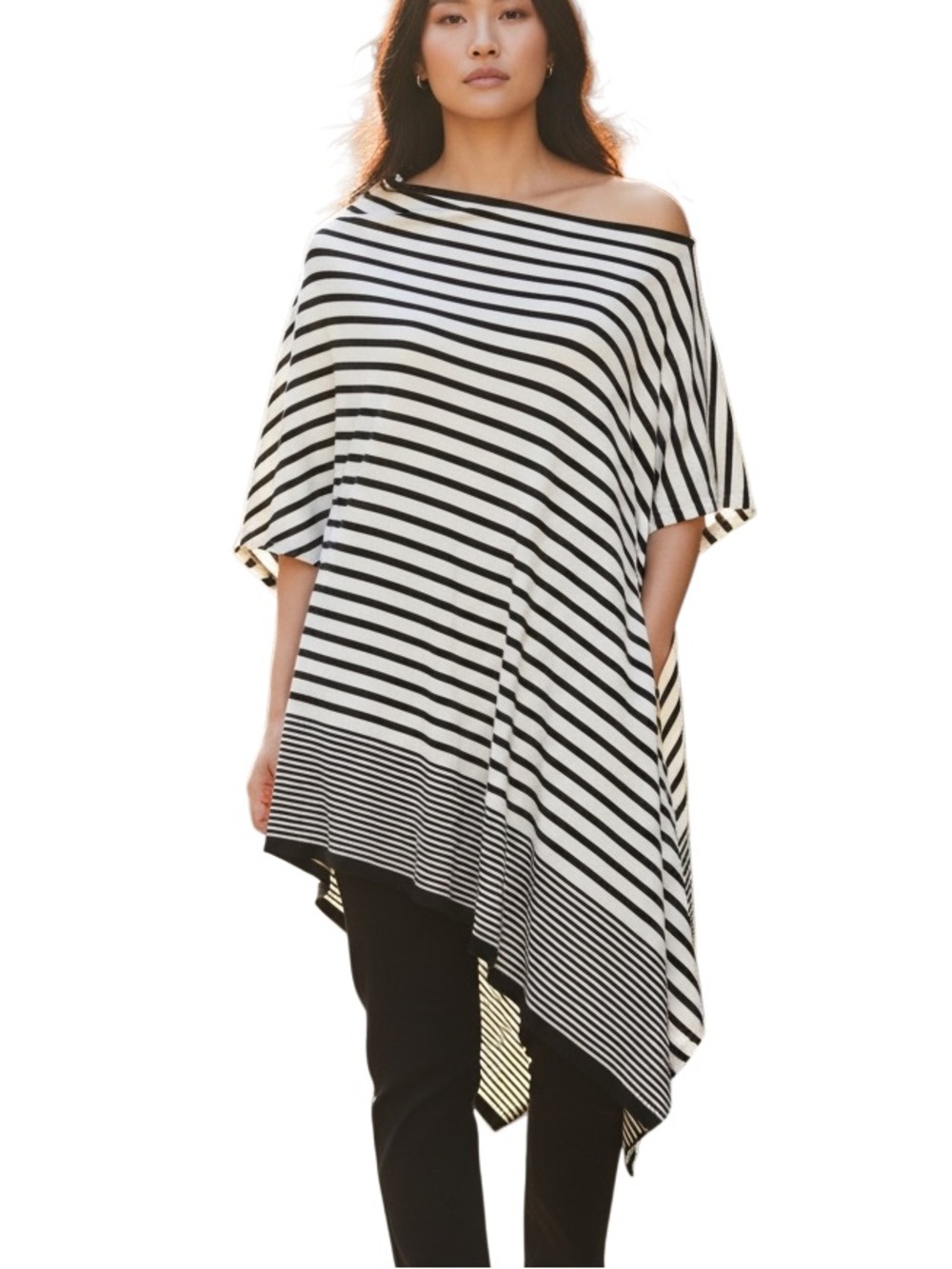 J. Jill Black & White Striped Asymmetrical Poncho Top One Size